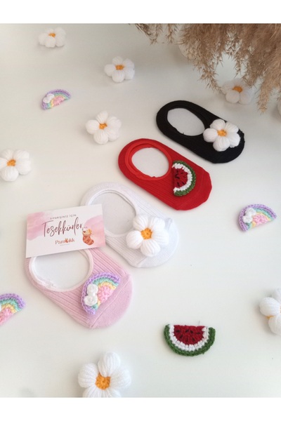 PAMBIK AYAKLAR El Örgüsü  Figürlü Bebek Babet Çorap Seti - Papatya gökkuşağı ...