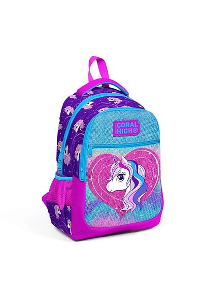 Coral High 23492 Purple Unicorn Patterned Three Compartment Backpack - Pink