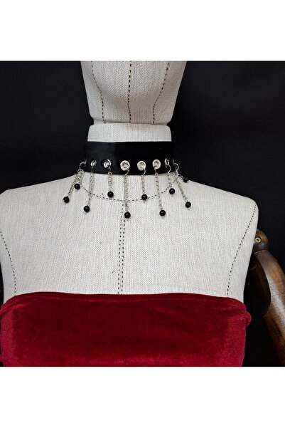 Qrsln Zeta kuş gözü detaylı zincirli kadife boyunluk siyah