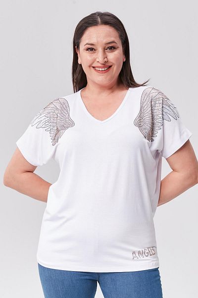Ebsumu Plus Size Stone Printed V-Neck White Blouse - Angels