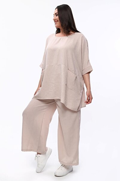 Ebsumu Γυναικεία Plus Size Extra Comfortable Fit Λινό Μπεζ Μπλούζα