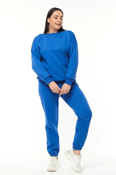 Ebsumu Дамски суитшърт с релефни линии, размер Plus Size, син