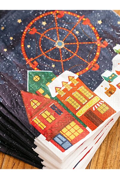 merni Yılbaşı Temalı Evler Renkli Baskılı Kağıt Peçete 10 Adet