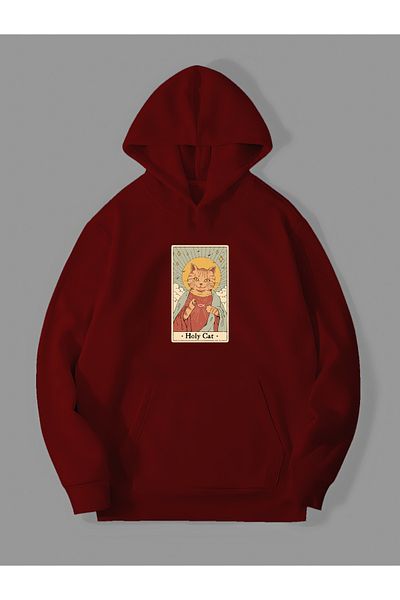 Harmandar Holy Cat Printed - Red Kangaroo Pocket and Hooded Sweatshirt