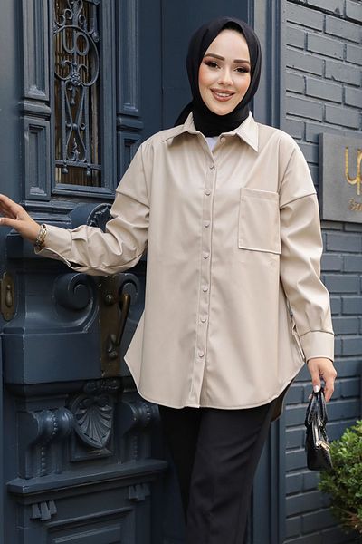 Neva Style Cămașă Hijab din piele bej - Nasturi, Model 50931BEJ