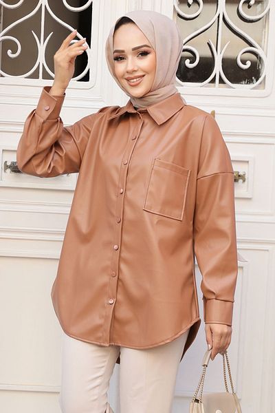 Neva Style Cămașă Hijab din piele maronie cu nasturi 50931TB