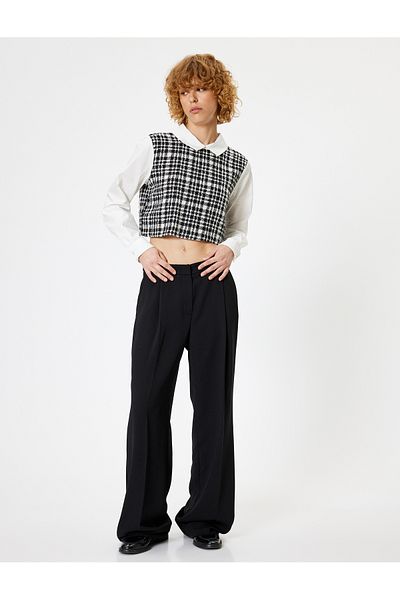 Koton Slim Fit Crop Μπλούζα με Tweed Λεπτομέρεια - Πουκάμισο γιακά