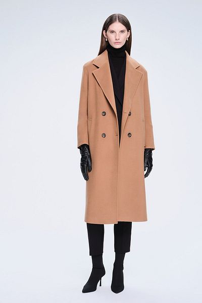 Hatemoğlu Saykı Woman Camel Regular Fit Plain Mono Collar Stamp Coat