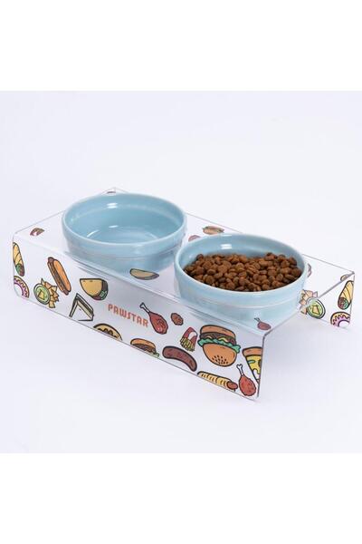 Pawstar Fast Food-İkili Seramik-Pleksi Mama ve Su Kabı-Kedi Köpek Mama Su Kabı