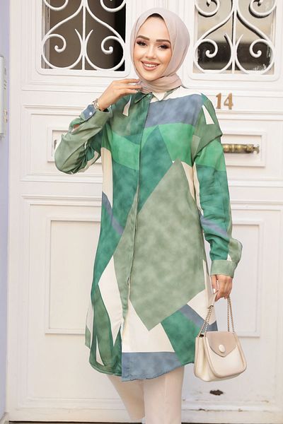Neva Style تونيك حجاب فيسكوز أخضر - منقوش، 11710Y