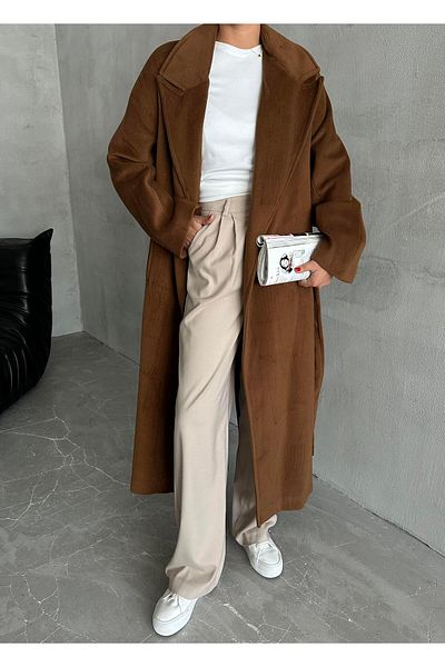 Laluvia Kaffee Simple Pocket Belted Long Coat- 542126