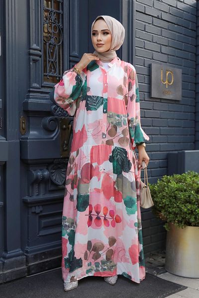Neva Style Floral Patterned Pink Hijab Dress 18236P