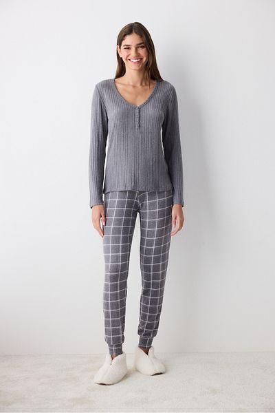 Penti Cozy Time Gray Multicolor Trousers Pajama Set