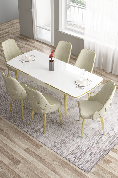 Canisa Tia Serisi 80x132 Açılabilir Mdf Beyaz Gold Detay Mutfak Masası Takımı...