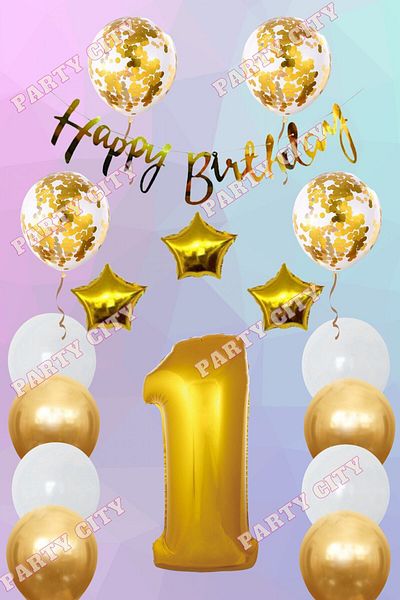 Ezgi Party Store Gold Concept 1 Year Birthday Celebration Set; White Gold Confetti Balloon, Number Star Foil and Banner