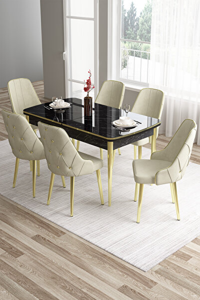 Canisa Tia Serisi 80x132 Açılabilir Mdf Siyah Mermer Desen Mutfak Masası Ve 6...