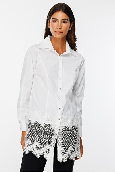 Moda İlgi Modailgi  Etek Ucu Dantel İşlemeli Koton Gömlek Beyaz