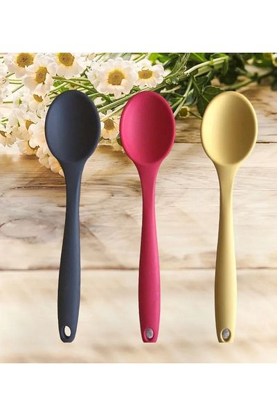 PİNK ROSE Bybirgül 3-Piece Silicone Spoon Spatula Set - Large Size, Non-Flammable Non-Stick, 3 Colors (Yellow+Red+Anthracite)
