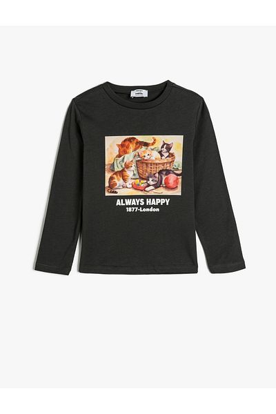 Koton Cotton Long Sleeve Cat Printed Crew Neck T-Shirt