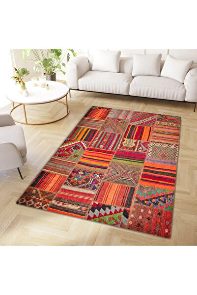 Cansu Collection Woven Base in Orange Shades with Patchwork Look Modern Decorative Carpet cansu04
