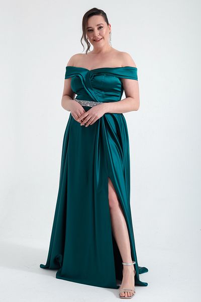Lafaba Women's Emerald Green Boat Neck Jewelled Belt Large Size Evening Dress