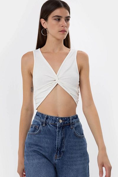 Hiccup Solid Colored Ribbed Front Curved Crop Top