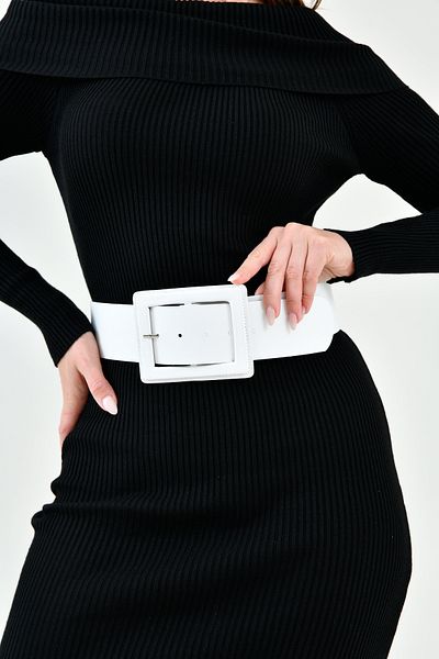 WOMAN VISION Curea neagră din piele artificială albă cu bandă largă și design cu cataramă 15525