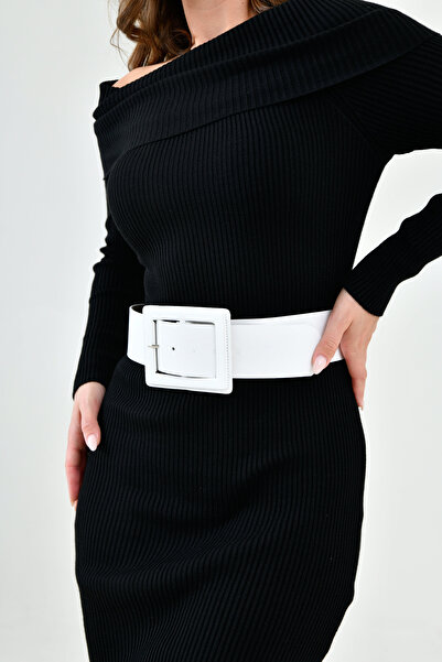 WOMAN VISION Curea neagră din piele artificială albă cu bandă lată și design cu cataramă 15525