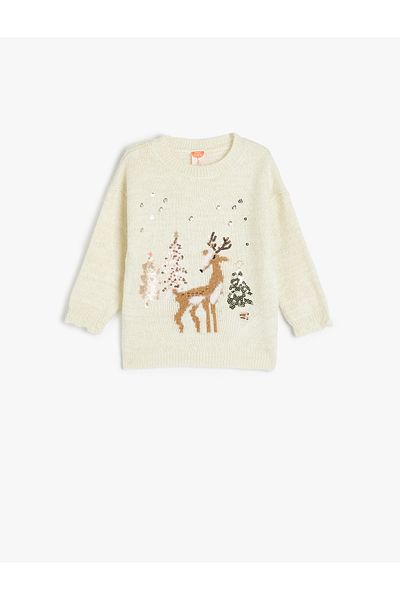 Koton Langärmliger Strickpullover mit Pailletten und Pailletten – Hirsch bestickt