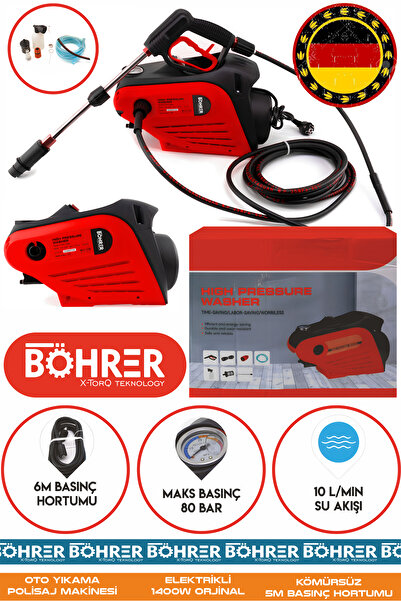 BÖHRER ALMAN YENİ NESİL MOTOR KIRMIZI YÜKSEK BASINÇLI KOLAY TAŞIMA OTO ARAÇ ARABA YER ZEMİN YIKAMA MAKİNESİ