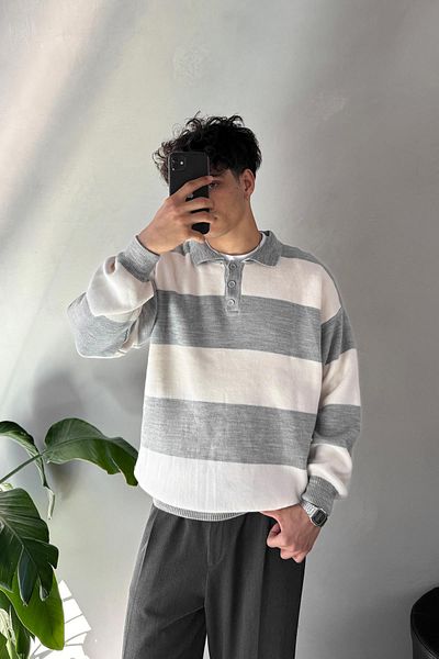 Flaw Wear Polo Neck Striped Gray Sweater
