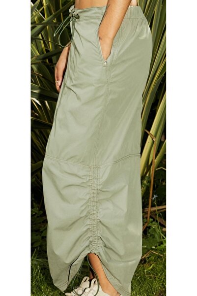 september island Long Khaki Maxi Skirt - Parachute Fabric, Cargo Design