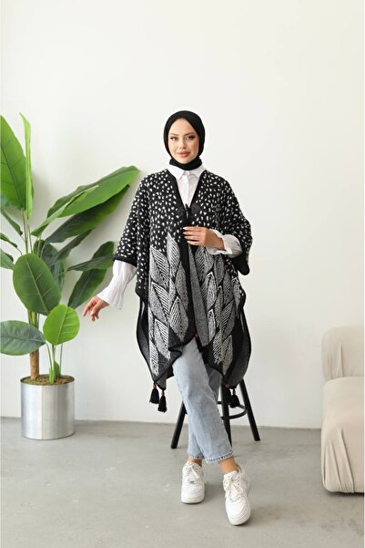 Buklemoda Ön Bağlama Detay Sakallı Triko Panço