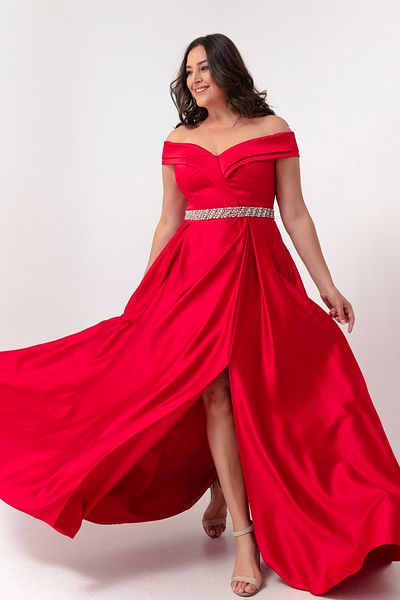 Lafaba Women's Red Boat Neck Stone Belted Plus Size Evening Dress