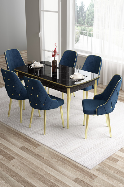 Canisa Tia Serisi 80x132 Açılabilir Mdf Siyah Mermer Desen Mutfak Masası Ve 6...