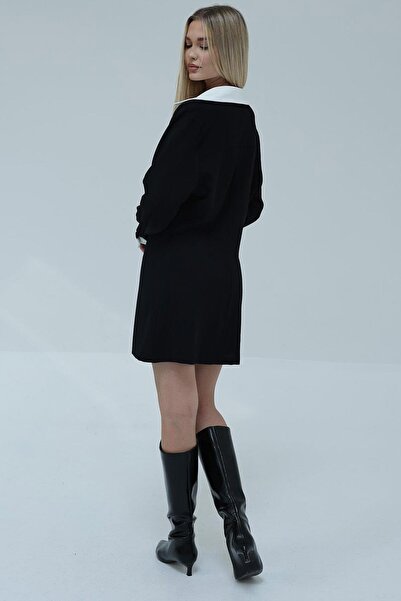 TENA Women's Black Shirt Collar Buttoned Front Mini Length Dress