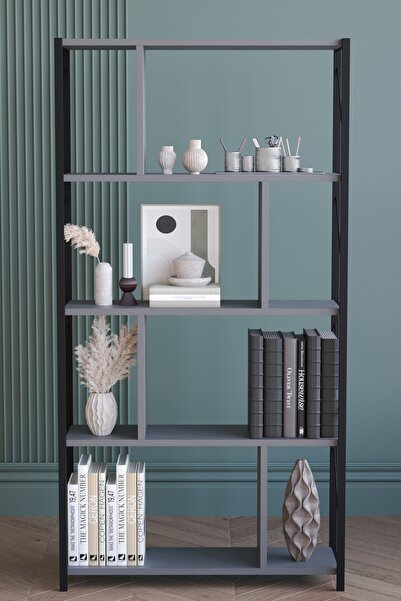 Remaks 5 Raflı Metal Large Kitaplık Dekoratif Kitaplık Antrasit