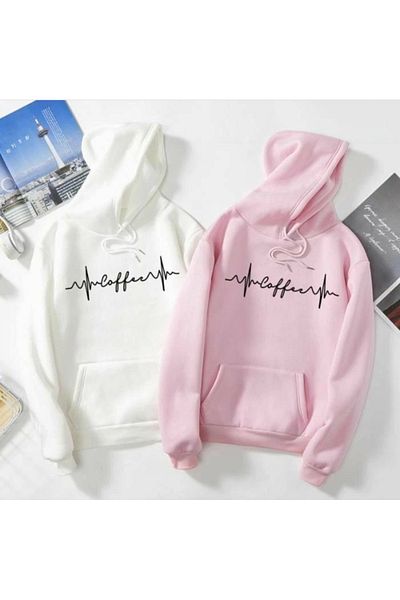 SKYLİGHT White and Pink Coffee Rhythm Printed Hooded Sweatshirt - Lover Couple Combination