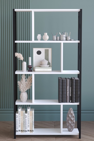 Remaks 5 Raflı Metal Large Kitaplık Dekoratif Kitaplık Beyaz