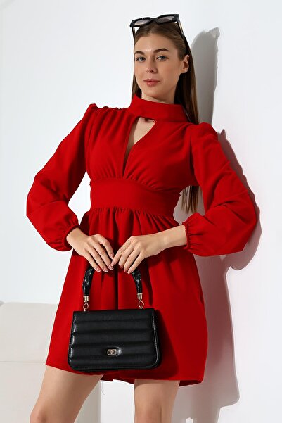 Deafox Red Long Sleeve Chest Cutout Zippered Crepe Fabric Dress