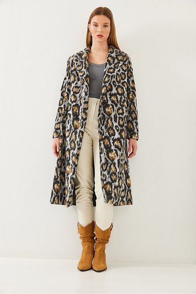 Bianco Lucci Women's Leopard Patterned Shawl Collar Detailed Stamp Coat 2476 60351034