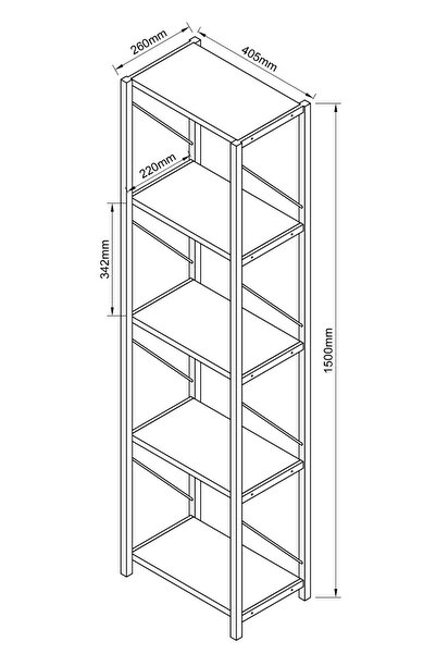 Remaks 5 Raflı Metal Dar Kitaplık Dekoratif Kitaplık Meşe