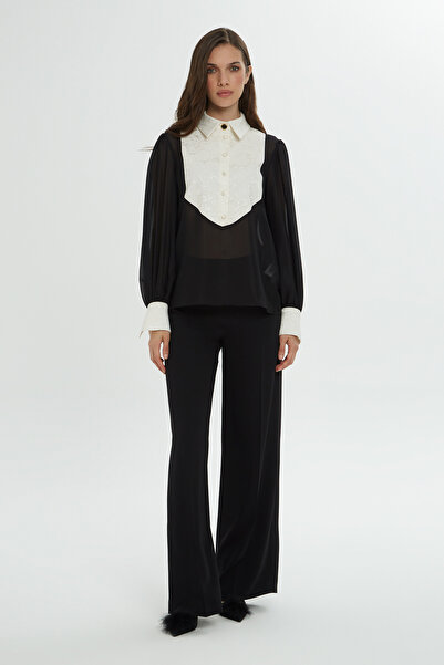 kı.we Dantel Detaylı Şifon Siyah Gömlek