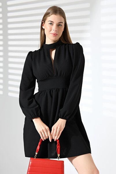 Deafox Black Long Sleeve Chest Cutout Zippered Crepe Fabric Dress