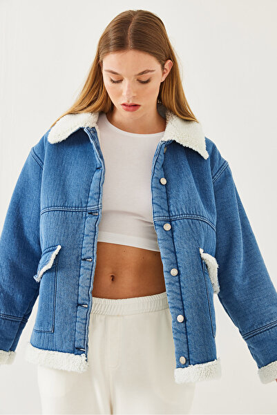 Bianco Lucci Kadın Kup Detaylı Peluşlu Denim Mont 2449 60351039