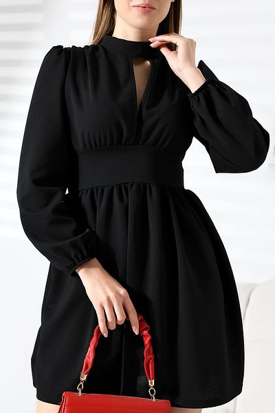 Deafox Rochie neagră cu mânecă lungă, decoltată la piept, cu fermoar, din crepon