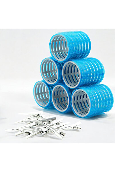 Croc 1214 Mega Size - Σετ με 6 ρολά για μπούκλες και 12 σφιγκτήρες μαλλιών, μπλε ρολά μαλλιών με Velcro και κόλλα