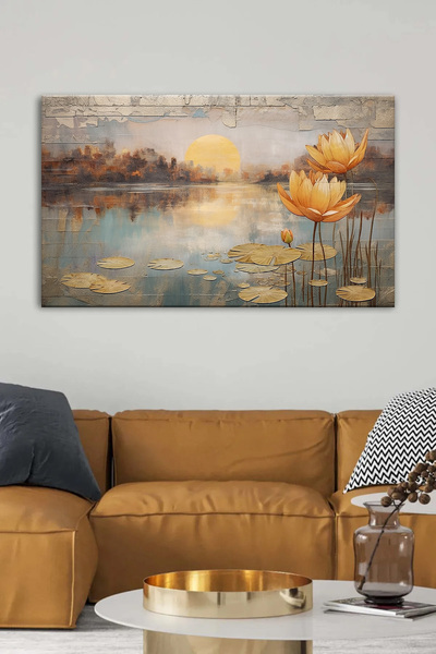 Şehzat Design Gün Batımı Lotus Çiçekler Yağlı Boya Efektli Kanvas Tablo Salon...