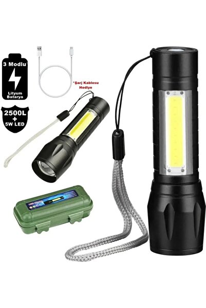 Derwell Usb Şarj Edilebilir Led Lamba El Feneri Küçük Taşınabilir Uzun Menzil...