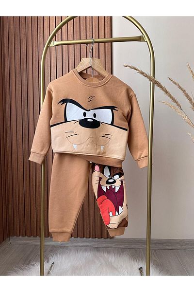 Magu Tasmanian Patterned Cotton Sweatshirt and Tracksuit Set for Boys - 3 Thread